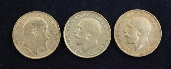 Three George V gold sovereigns, 1910, 1911 and 1912,